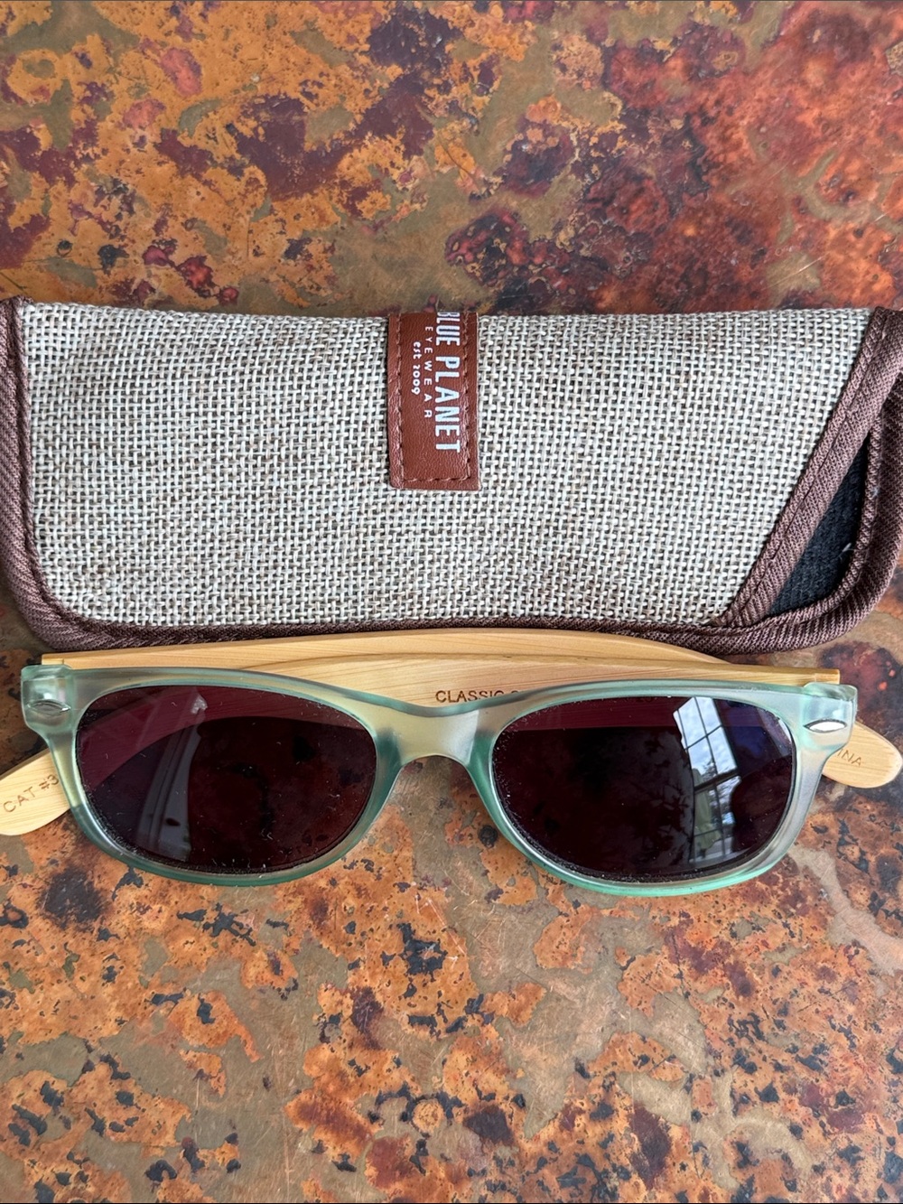 Sunglass Readers Blue Planet Classic Teal Transparent Frame Wood Arm & Case 1.25